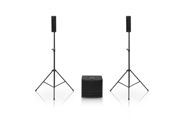3-AMPED 1000W STEREO SOUND SYSTEM-2X TOPS WITH 4X3" FULL-RANGE SPEAKERS, 1X12" ACTIVE SUB-BLACK